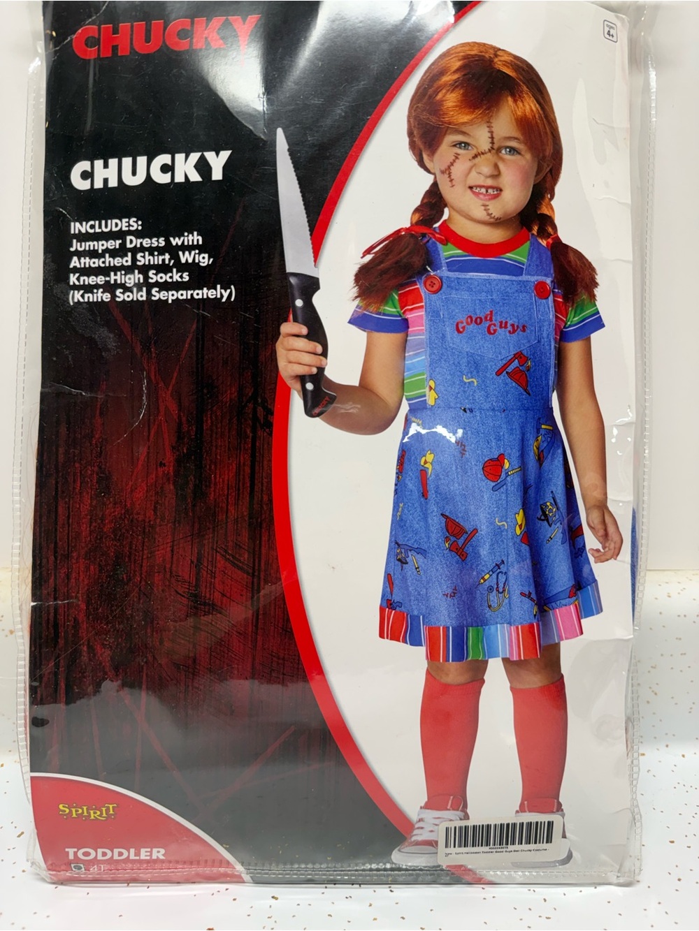 Spirit Chucky Toddler Costume - Blue Dress with Red Socks and Multicolor Accents